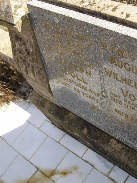 Joseph VOLL,  | husband father,  | died 13 June 1948 aged 83 years;  | Augusta Wilhelmine VOLL,  | mother,  | died 11 April 1963 aged 87 years;  | Meringandan cemetery, Rosalie Shire  | 