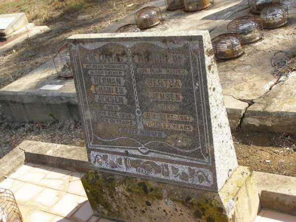 Herman Charles JENSEN,  | husband father,  | died 28 Aug 1956 aged 81 years;  | Bertha JENSEN,  | mother,  | died 10 Sept 1967 aged 83 years;  | Meringandan cemetery, Rosalie Shire  | 