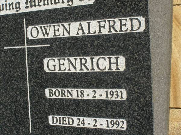 Owen Alfred GENRICH,  | born 18-2-1931,  | died 24-2-1992;  | Meringandan cemetery, Rosalie Shire  | 