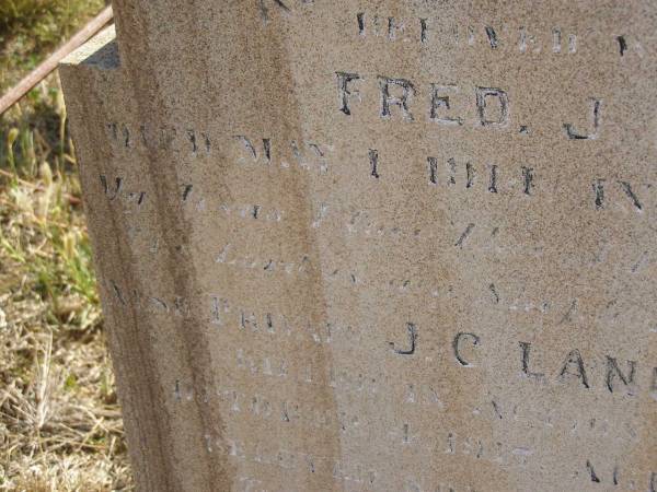 Anna Maria LANG,  | wife of Fred J. LANG,  | died 1 May 1911? in 20th year;  | Private J.C. LANG,  | killed in action France 4 Oct 1917 aged 23 years,  | son of J. & E. LANG;  | Meringandan cemetery, Rosalie Shire  | 