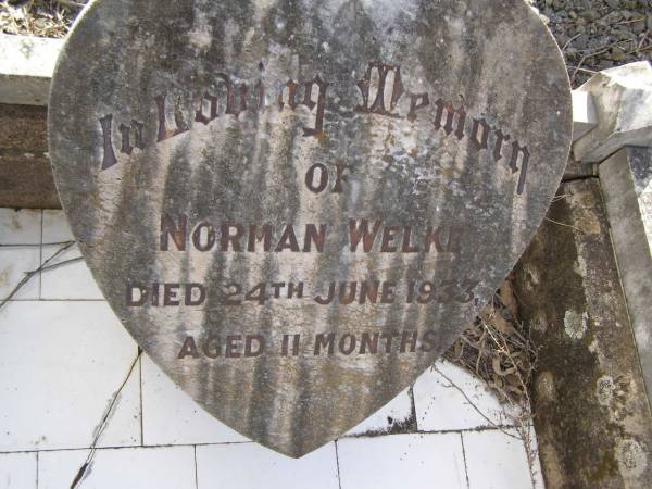 Norman WELKE,  | died 24 June 1933 aged 11 months;  | Meringandan cemetery, Rosalie Shire  | 