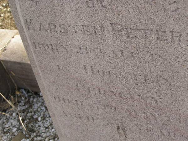 Karsten PETERS,  | born 21 Aug 1834? Holstein Germany,  | died 3 May 1919 aged 84 years;  | Elsie Catarina PETERS,  | born 18?4 Holstein Germany,  | died 1 May 1891 aged 37 years;  | Meringandan cemetery, Rosalie Shire  | 