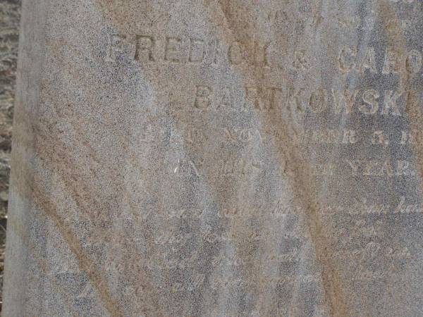 Carl BARTKOWSKI,  | husband of Wilhelmina BARTKOWSKI,  | born Mourengen? Germany 7? Sept 1831,  | died 22 Feb 1916 aged 83 years;  | Minnie BARTKOWSKI,  | mother,  | died 13 Apr 1933 aged 89 years;  | Thedor BARTKOWSKI,  | son of Fredick & Caroline BARTKOWSKI,  | died 5 Nov 1915 in 13th year;  | Meringandan cemetery, Rosalie Shire  | 