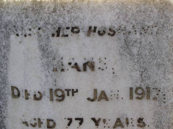 Margaretha PETERS,  | died 5 May 1914 age 82 yearss;  | Hans,  | husband,  | died 19 Jan 1912 aged 77 years;  | Walter & Oscar,  | children of W.J. & W. PETERS;  | Meringandan cemetery, Rosalie Shire  | 