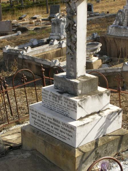 Friedrich SPERLING (senior),  | husband father,  | born Pachollen West Preussen Germany 28 March 1839,  | died 29 Aug 1910 aged 71 years 5 months;  | Maria SPERLING,  | wife,  | native of West Preussen Germany,  | died 16 Aug 1929 in 88th year;  | Meringandan cemetery, Rosalie Shire  | 