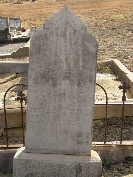 Detlef Nicolaus Wilhelm KANN,  | native of Holstein Germany,  | born 8 DEC 1831,  | died 12 Oct 1901;  | Anna KANN,  | wife,  | native of Holstein Germany,  | died 1 Oct 1912 aged 77 years;  | Meringandan cemetery, Rosalie Shire  | 