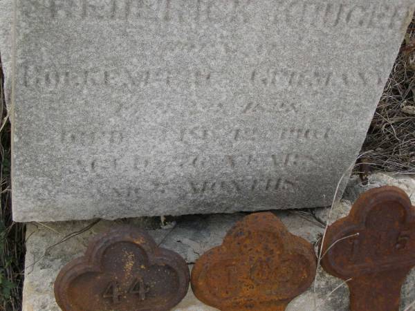 Christian Frederick KRUGER,  | native of Gorkem??? Germany  | died 1 ??? 1901 aged 72 years 5 months;  | Meringandan cemetery, Rosalie Shire  | 