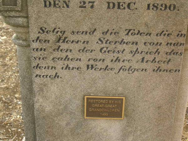 Carl H. SUHR,  | born 7 Nov 1836,  | died 27 Dec 1890,  | restored by great-great-grandchildren 1993;  | Meringandan cemetery, Rosalie Shire  | 
