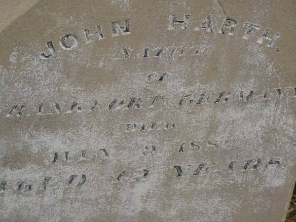 John HARTH,  | native of Frankfort Germany,  | died 9 July 1880 aged 42 years;  | Anna Mary HARTH,  | daughter,  | died 1 Jan 1881 aged 9 months;  | Meringandan cemetery, Rosalie Shire  | 