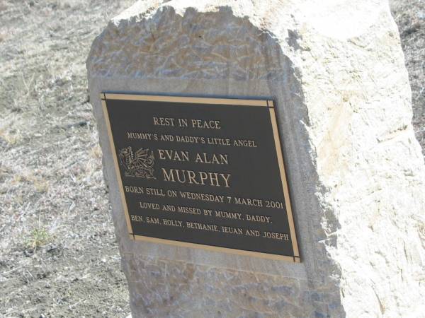 Evan Alan MURPHY,  | stilborn Wed 7 March 2001,  | loved by mummy, daddy, Ben, Sam, Holly,  | Bethanie, Ieuan & Joseph;  | Meringandan cemetery, Rosalie Shire  | 