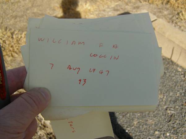 William F.A. COLLIN,  | father,  | died 7 Aug 1947 aged 93 years;  | Meringandan cemetery, Rosalie Shire  | 