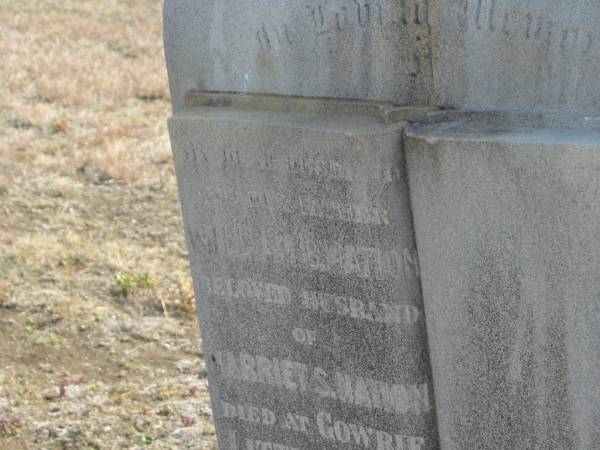 William B. NATION,  | husband of Harriet S. NATION,  | father,  | died Gowrie Little Plain 11 Aug 1902 aged 46 years;  | Meringandan cemetery, Rosalie Shire  | 
