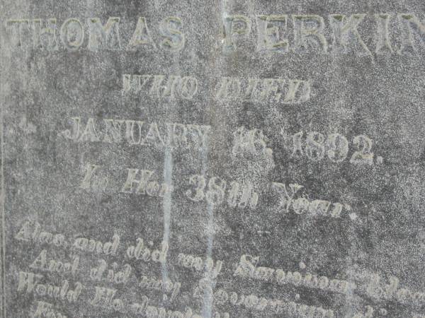 Annie Maria,  | wife of Thomas PERKINS,  | died 16 Jan 1892 in 38th year;  | Meringandan cemetery, Rosalie Shire  | 