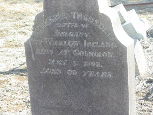 Catherine TROUSDELL,  | native of Delgany Wicklow Ireland,  | died Gomoron 1 May 1896 aged 69 years;  | Meringandan cemetery, Rosalie Shire  | 