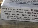 
Friedrich SPERLING (senior),
husband father,
born Pachollen West Preussen Germany 28 March 1839,
died 29 Aug 1910 aged 71 years 5 months;
Maria SPERLING,
wife,
native of West Preussen Germany,
died 16 Aug 1929 in 88th year;
Meringandan cemetery, Rosalie Shire
