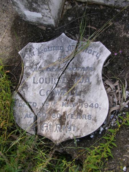 Edward John COWELL, husband,  | died 16 Sep 1926 aged 51 years;  | Louise Ida COWELL, mother,  | died 15 May 1940 aged 60 years;  | Milbong General Cemetery, Boonah Shire  | 