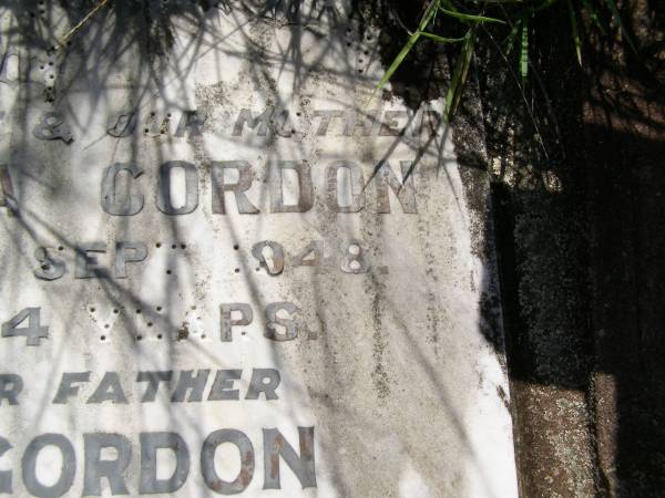 Georgina GORDON, wife mother,  | died 23 Sept 1948 aged 84 years;  | Nile GORDON, father,  | died 11 Oct 1961 aged 76 years;  | Milbong General Cemetery, Boonah Shire  | 