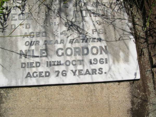 Georgina GORDON, wife mother,  | died 23 Sept 1948 aged 84 years;  | Nile GORDON, father,  | died 11 Oct 1961 aged 76 years;  | Milbong General Cemetery, Boonah Shire  | 
