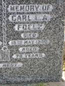 
Elise W. FOELZ,
died 24 July 1939 aged 60 years;
Carl L.A. FOELZ,
died 16 May 1940 aged 79? years;
Milbong St Lukes Lutheran cemetery, Boonah Shire
