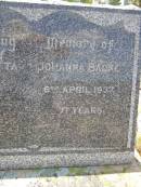 
Henrietta Johanna BADKE,
died 6 April 1937 aged 71 years;
Milbong St Lukes Lutheran cemetery, Boonah Shire
