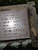 
Wilhelm J. WENZEL,
husband father,
died 7 Jan 1971 aged 83 years;
Wilhelmine J. WENZEL,
mother,
died 19 July 1975 aged 80 years;
Milbong St Lukes Lutheran cemetery, Boonah Shire
