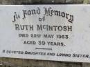 
Ruth MCINTOSH,
died 22 May 1953 aged 39 years,
daughter sister;
Milbong St Lukes Lutheran cemetery, Boonah Shire
