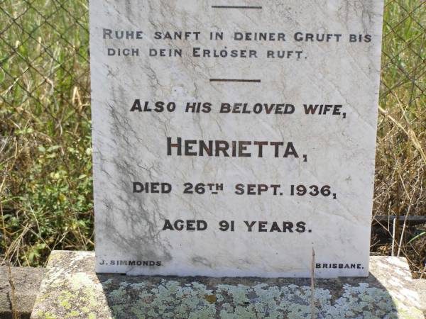 Heinrich Edward ZILLMAN,  | born 17 Feb 1843 died 22 March 1904;  | Henrietta, wife,  | died 26 Sept 1936 aged 91 years;  | Milbong St Luke's Lutheran cemetery, Boonah Shire  | 