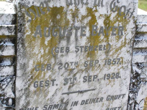 Auguste BAYER, nee STENZEL,  | born 20 Sep 185 died 9 Sep 1928;  | Milbong St Luke's Lutheran cemetery, Boonah Shire  | 