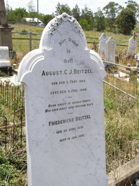 August C.J. BEITZEL,  | born 3 Feb 1825 died 6 July 1896;  | Friedericke BEITZEL,  | born 28 April 1830 died 10 Jan 1916;  | Milbong St Luke's Lutheran cemetery, Boonah Shire  | 