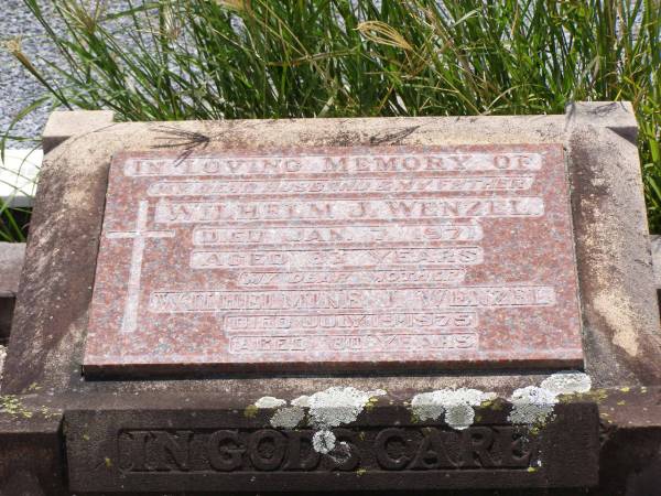 Wilhelm J. WENZEL,  | husband father,  | died 7 Jan 1971 aged 83 years;  | Wilhelmine J. WENZEL,  | mother,  | died 19 July 1975 aged 80 years;  | Milbong St Luke's Lutheran cemetery, Boonah Shire  |   | 