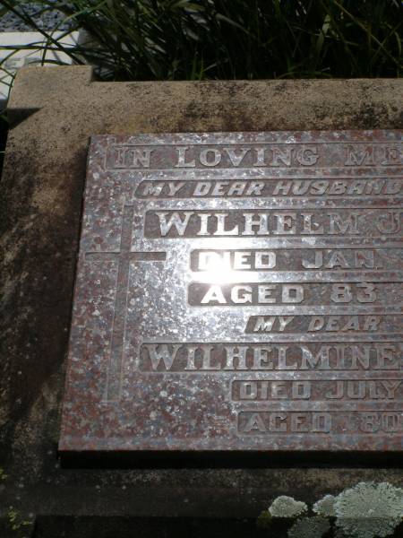 Wilhelm J. WENZEL,  | husband father,  | died 7 Jan 1971 aged 83 years;  | Wilhelmine J. WENZEL,  | mother,  | died 19 July 1975 aged 80 years;  | Milbong St Luke's Lutheran cemetery, Boonah Shire  | 