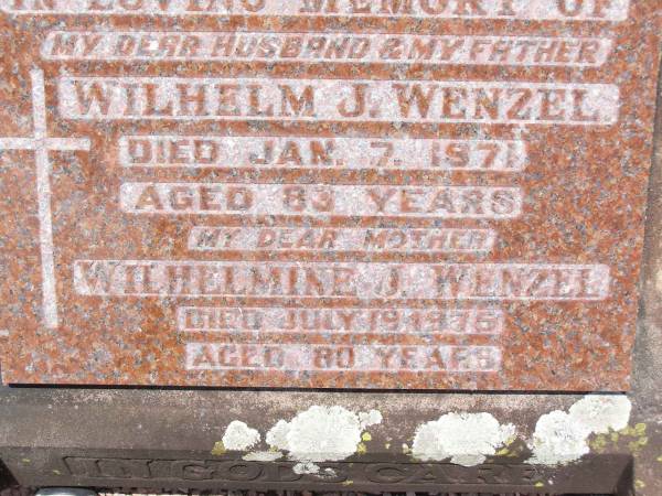 Wilhelm J. WENZEL,  | husband father,  | died 7 Jan 1971 aged 83 years;  | Wilhelmine J. WENZEL,  | mother,  | died 19 July 1975 aged 80 years;  | Milbong St Luke's Lutheran cemetery, Boonah Shire  | 