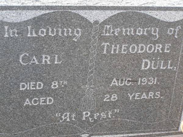 Carl Theodore DULL,  | died 8 Aug 1931 aged 28 years;  | Milbong St Luke's Lutheran cemetery, Boonah Shire  | 