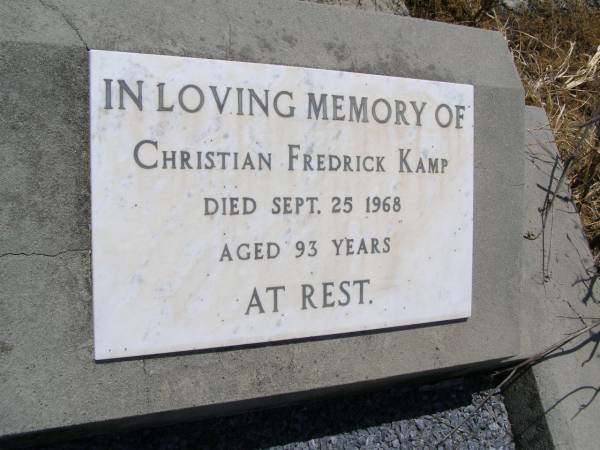 Christian Fredrick KAMP,  | died 25 Sept 1968 aged 93 years;  | Milbong St Luke's Lutheran cemetery, Boonah Shire  | 