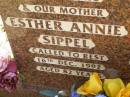 
Esther Annie SIPPEL, wife mother,
died 16 Dec 1992 aged 82 years;
Norman SIPPEL, husband father,
died 7 Jan 2005 aged 97 years;
Minden Baptist, Esk Shire
