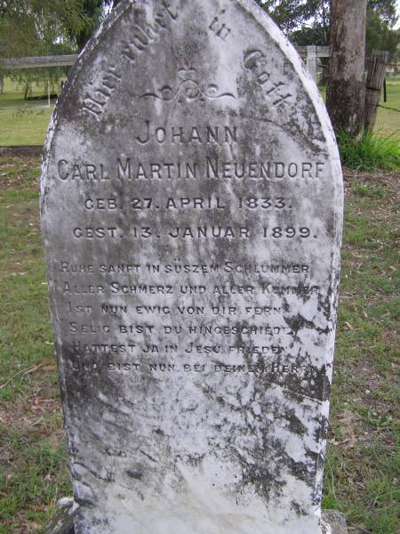 Johann Carl Martin NEUENDORF,  | born 27 April 1833 died 13 Jan 1899;  | Minden Baptist, Esk Shire  | 