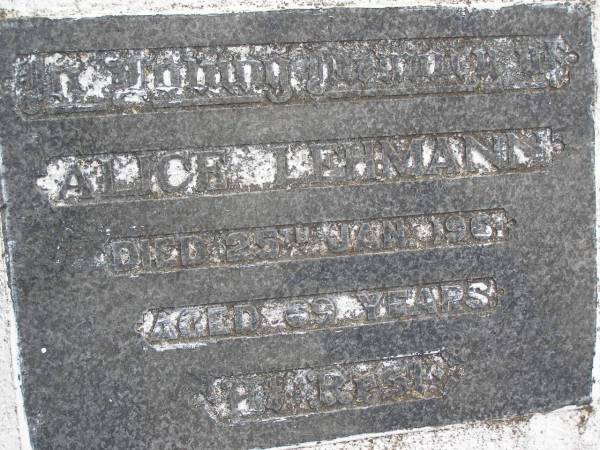 Alice LEHMANN,  | died 25 Jan 1961 aged 69 years;  | Minden Baptist, Esk Shire  | 
