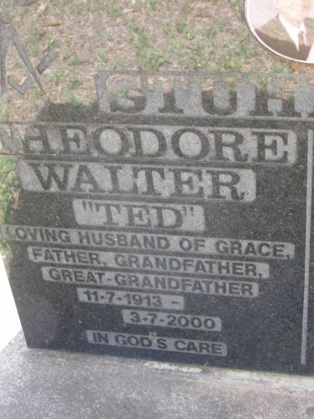 Theodore Walter (Ted) STUHMCKE,  | hsuband of Grace,  | father grandfather great-grandfather,  | 11-7-1913 - 3-7-2000;  | Muriel Gladys (Grace) STUHMCKE,  | wife of Ted,  | mother grandmother great-grandmother,  | 1-9-1914 - 20-7-2003;  | Minden Baptist, Esk Shire  | 