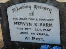
Mervyn K HARM
16 Oct 1947, aged 14
Minden Zion Lutheran Church Cemetery
