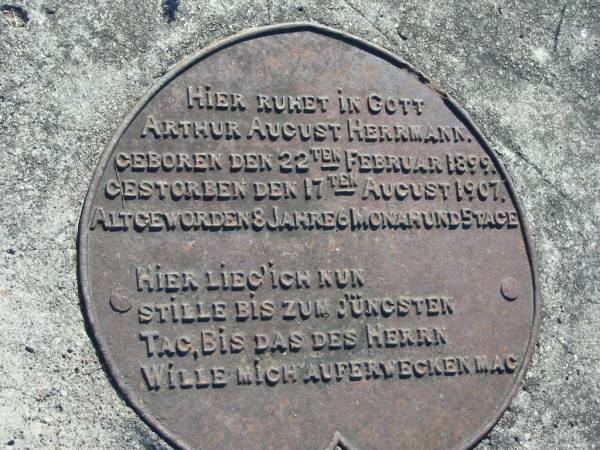 Arthur August HERRMANN  | b: 22 Feb 1899, d: 17 Aug 1907, aged 8 years 6 months  | Minden Zion Lutheran Church Cemetery  | 