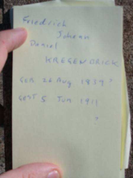 Friedrich Johann Daniel KREGENPRINK  | b: 26 Aug 1839?, d: 5 Jun 1911  | Minden Zion Lutheran Church Cemetery  | 