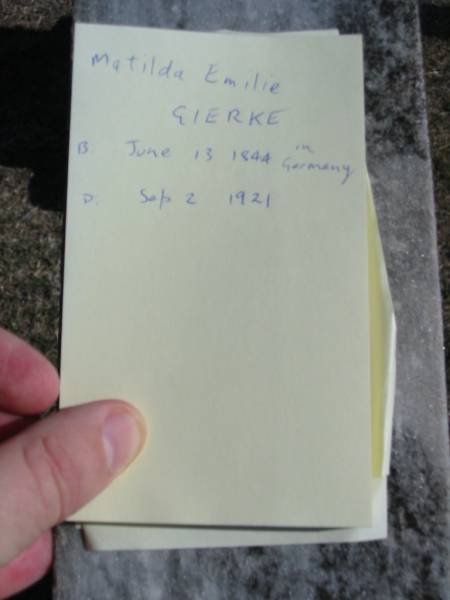 Matilda Emilie GIERKE  | b: 13 Jun 1844 (in Germany), d: 2 Sep 1921  | Minden Zion Lutheran Church Cemetery  | 