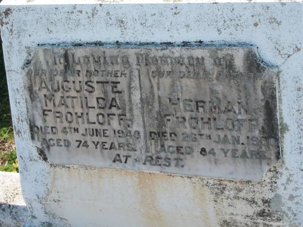 Auguste Matilda FROHLOFF  | 4 Jun 1940, aged 74  | Herman FROHLOFF  | 26 Jan 1960, aged 84  | Minden Zion Lutheran Church Cemetery  | 