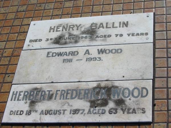 Phyllis Edna BALLIN  | 10 Aug 1938, aged 17 years 6 months  | Alvine Anne BALLIN  | 22 July 1965 aged 70  |   | Henry BALLIN  | 3 June 1963 aged 79  | Edward A WOOD  | b: 1911, d: 1993  | Herbert Frederick WOOD  | 18 Aug 1977 aged 63  | Minden Zion Lutheran Church Cemetery  | 