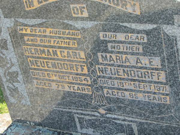 Herman Carl NEUENDORFF  | 6 Oct 1954, aged 75  | Maria A E NEUENDORFF  | 18 Sep 1971, aged 85  | Minden Zion Lutheran Church Cemetery  | 