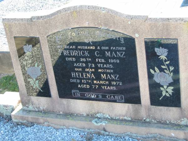 Fredrick C MANZ  | 26 Feb 1969, aged 73  | Helena MANZ  | 13 Mar 1972, aged 77  | Minden Zion Lutheran Church Cemetery  | 