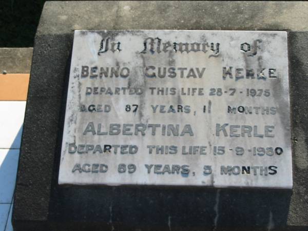 Benno Gustav KERLE  | 28 Jul 1975, aged 87 years 11 months  | Albertina KERLE  | 15 Sep 1980, aged 89 years 5 months  | Minden Zion Lutheran Church Cemetery  | 