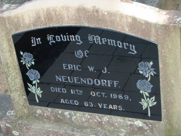 Eric W J NEUENDORFF  | 11 Oct 1969 aged 63  | Minden/Coolana - St Johns Lutheran  | 