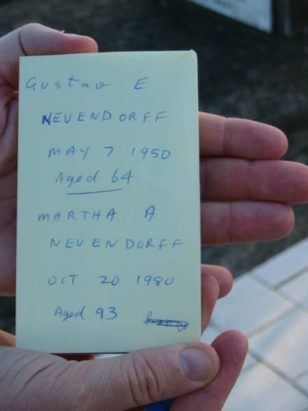 Gustav E NEUENDORFF  | May 7 1950 aged 64  | Martha A NEUENDORFF  | Oct 20 1980 aged 93  | Minden/Coolana - St Johns Lutheran  | 