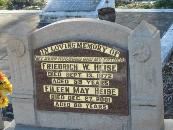 Friedrich W HEISE  | 13 Sep 1972 aged 59  | Eileen May HEISE  | 27 Dec 2001 aged 80  | Minden/Coolana - St Johns Lutheran  | 